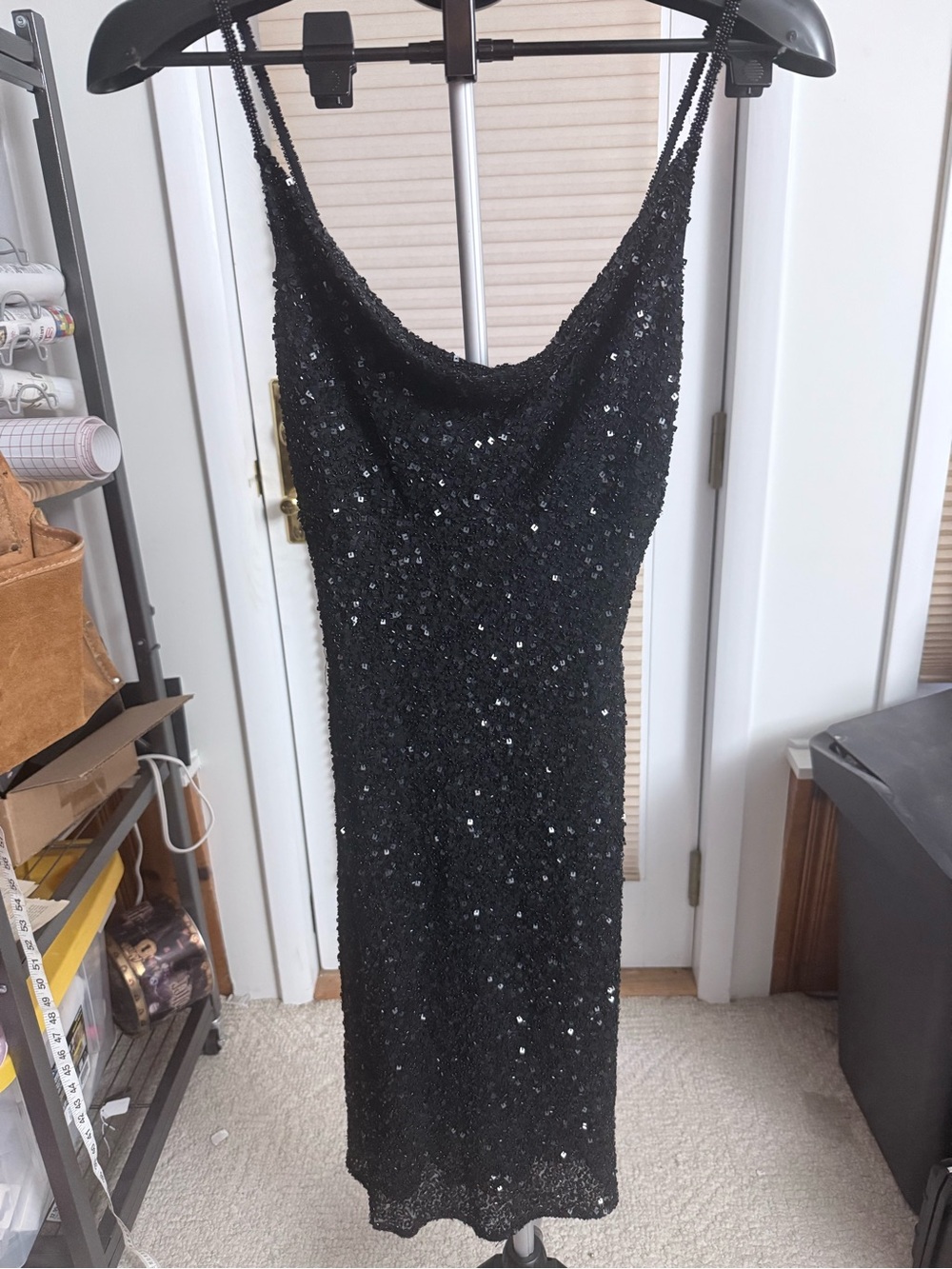 vintage 1990s Scala black sequin midi dress all over sparkle beaded straps M